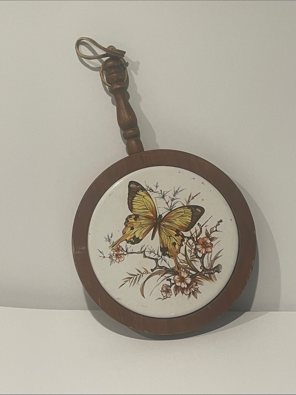 Three mountaineers vintage trivet Wooden Hanging Plaque Yellow Butterfly enamel